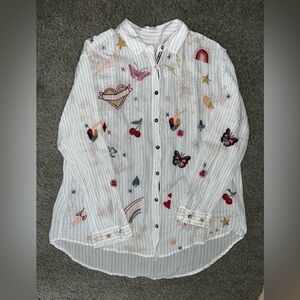 Johnny Was White Button Down Shirt with Multicolor Embroidery